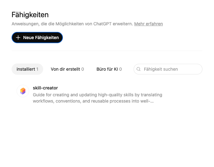 ChatGPT-Fähigkeiten-Verwaltungsseite mit Skill-Creator-Button