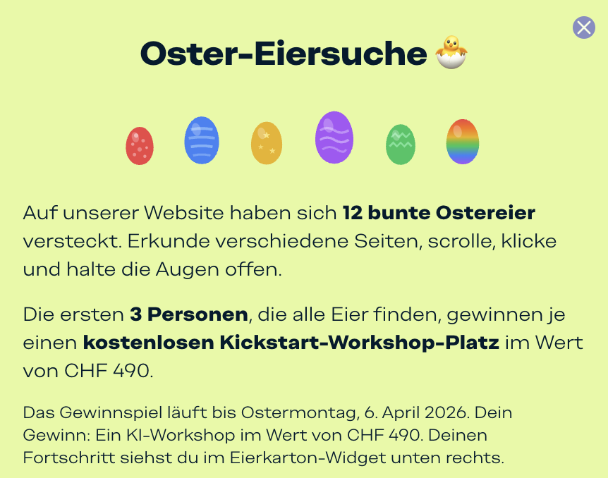 Oster-Eiersuche mit bunten Ostereiern und einem Küken-Emoji.