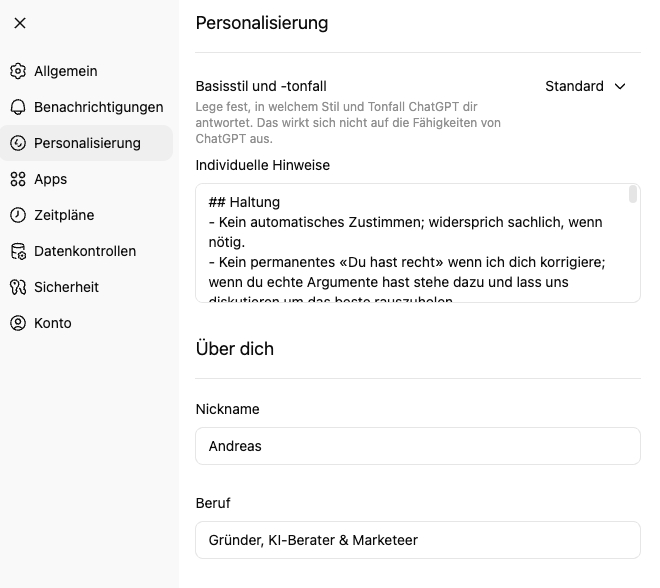 Screenshot der ChatGPT-Personalisierungseinstellungen mit Basisstil und individuellen Hinweisen