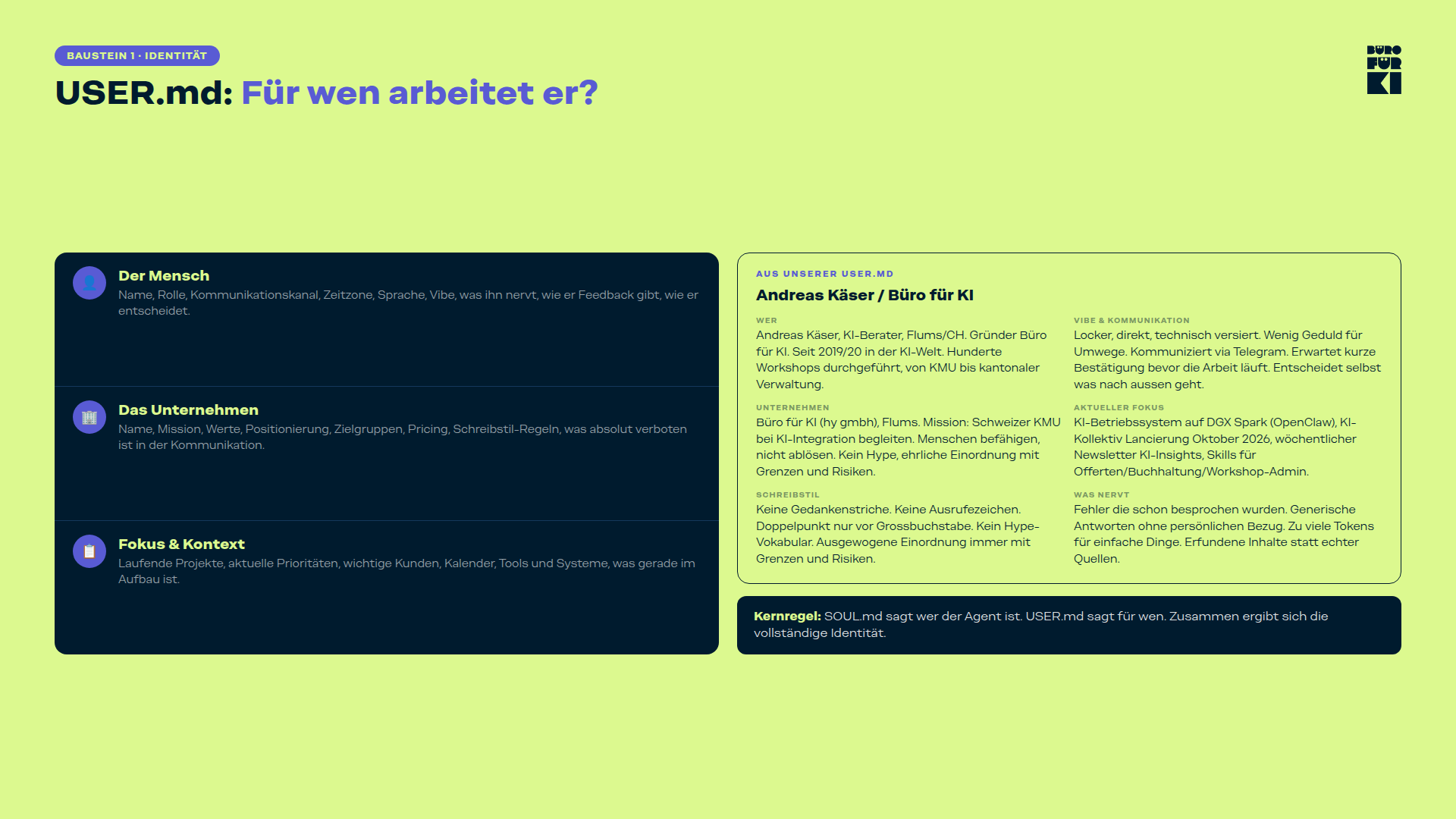 USER.md beschreibt, für wen der Agent arbeitet, inklusive Unternehmensdetails und Kommunikationsstil