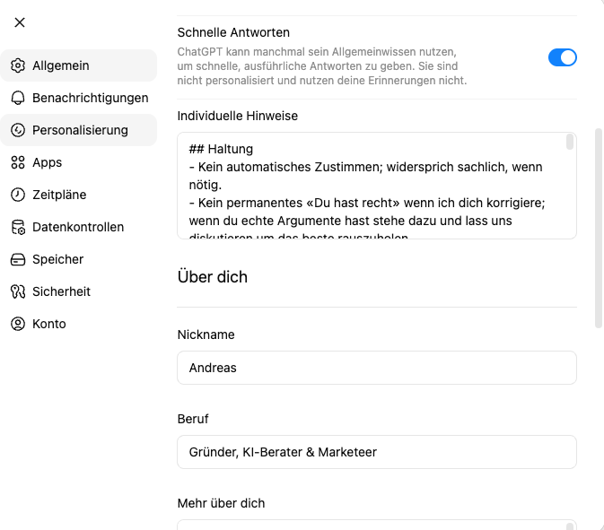 Custom Instructions in ChatGPT mit individuellen Hinweisen zu Haltung und Stil
