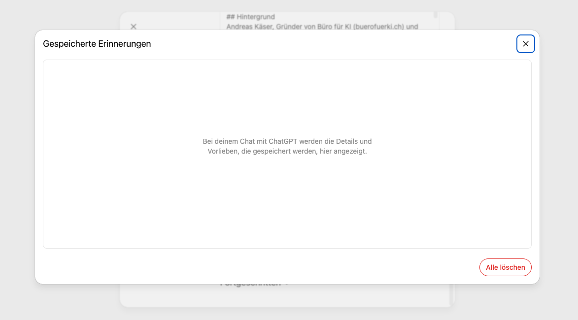Erinnerungsfunktion in ChatGPT: Modal «Gespeicherte Erinnerungen»