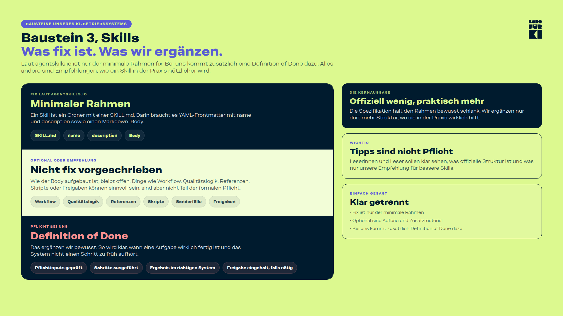Eine Webseite, die die Bausteine eines KI-Betriebssystems erklärt, mit Fokus auf Skills.