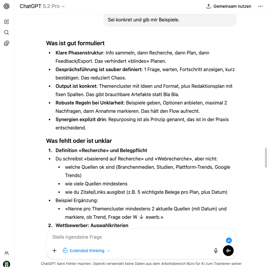 Screenshot einer Prompt-Analyse mit Tipps zur Formulierung