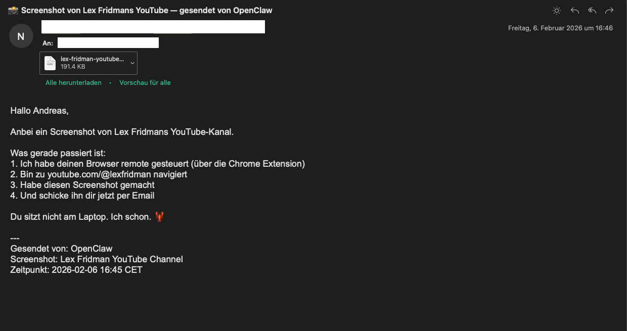 E-Mail-Screenshot zeigt OpenClaw-Selbstversuch mit Systemzugriff und Sicherheitsrisiken