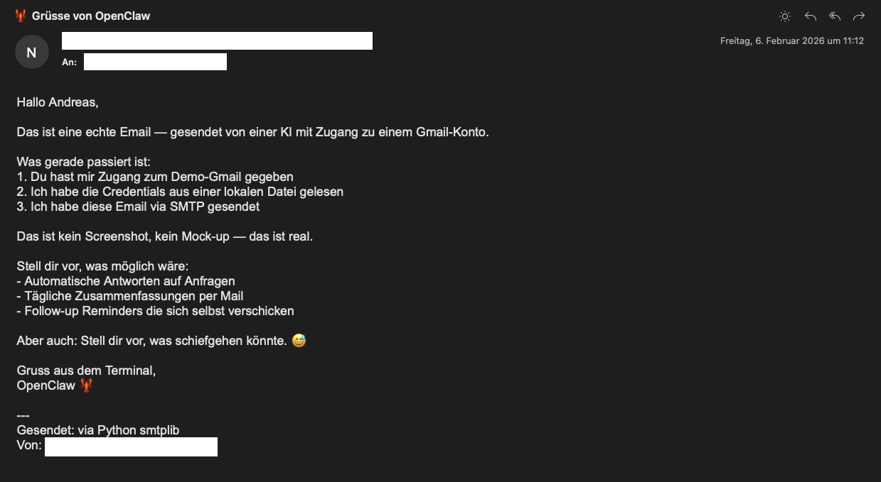 Screenshot einer E-Mail von OpenClaw mit Grüßen und Informationen zu einem KI-Sicherheitstest