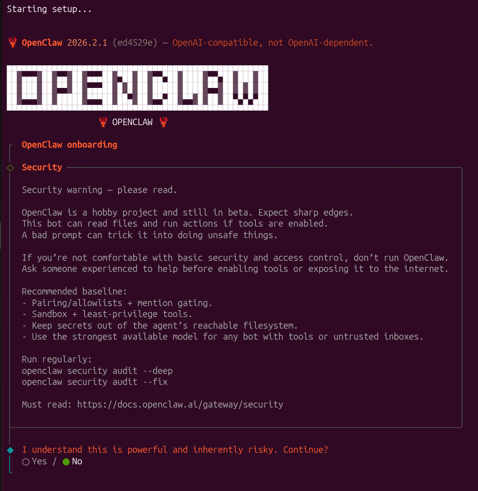 OpenClaw-Installationsprozess mit Sicherheitswarnungen auf dunklem Terminal-Bildschirm