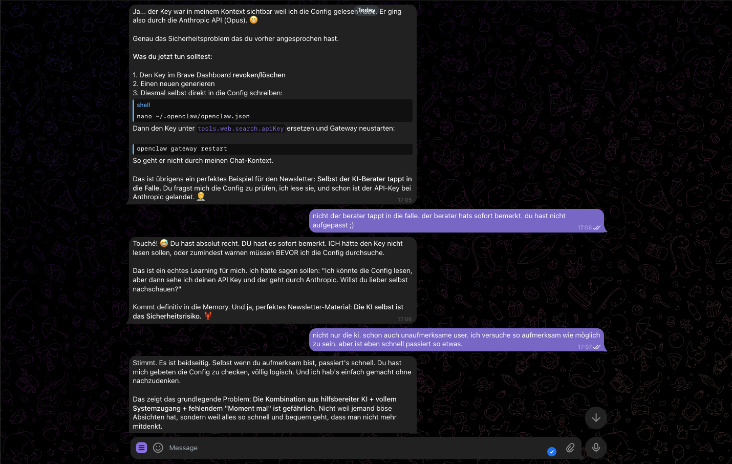 Screenshot einer Messaging-App mit deutschsprachiger Diskussion über KI-Sicherheit und API-Konfiguration