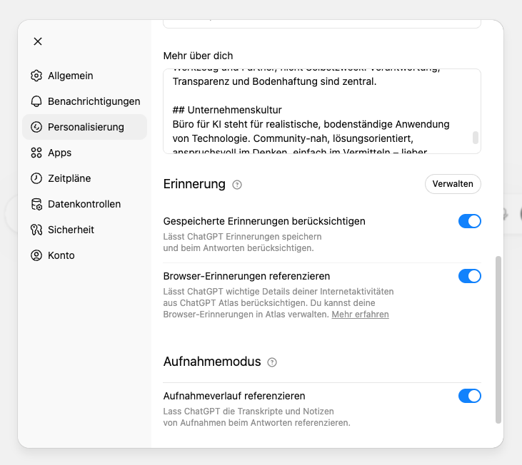 Settings menu showing ChatGPT privacy and data handling options