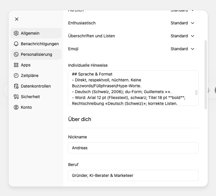 Benutzerprofilseite mit Einstellungen für Sprache, Überschriften, Emoji und persönliche Angaben
